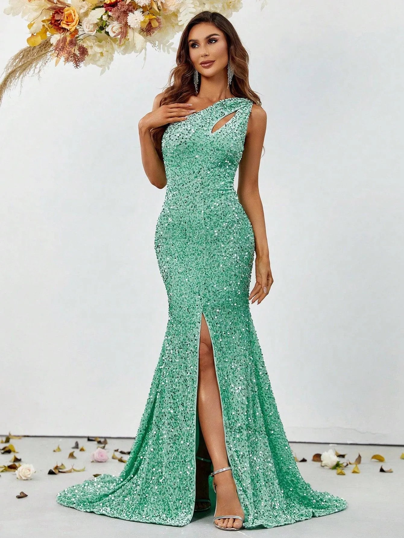 One Shoulder Cut Out Split Thigh Sequin Mermaid Dresses - Elonnashop