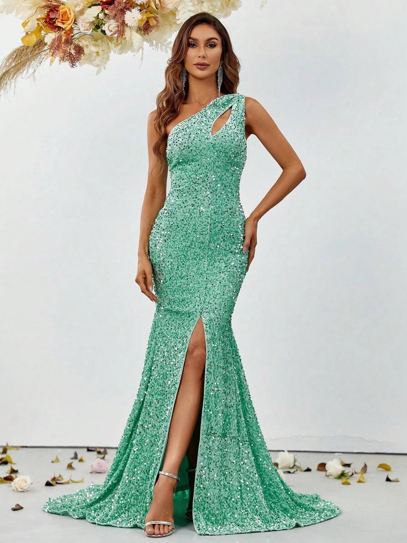 One Shoulder Cut Out Split Thigh Sequin Mermaid Dresses - Elonnashop