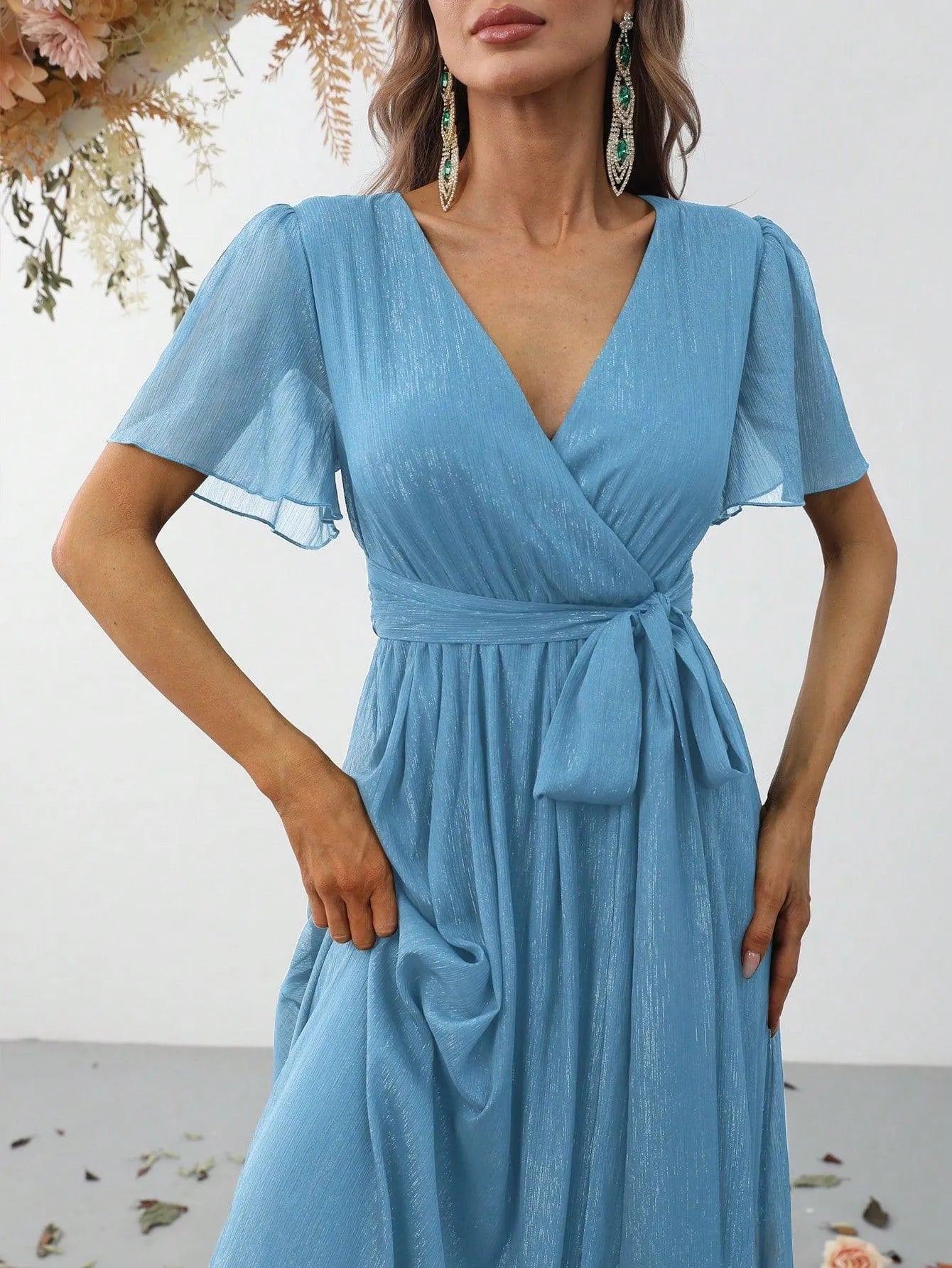 Solid V Neck Butterfly Sleeve Glitter Belted Dress - Elonnashop