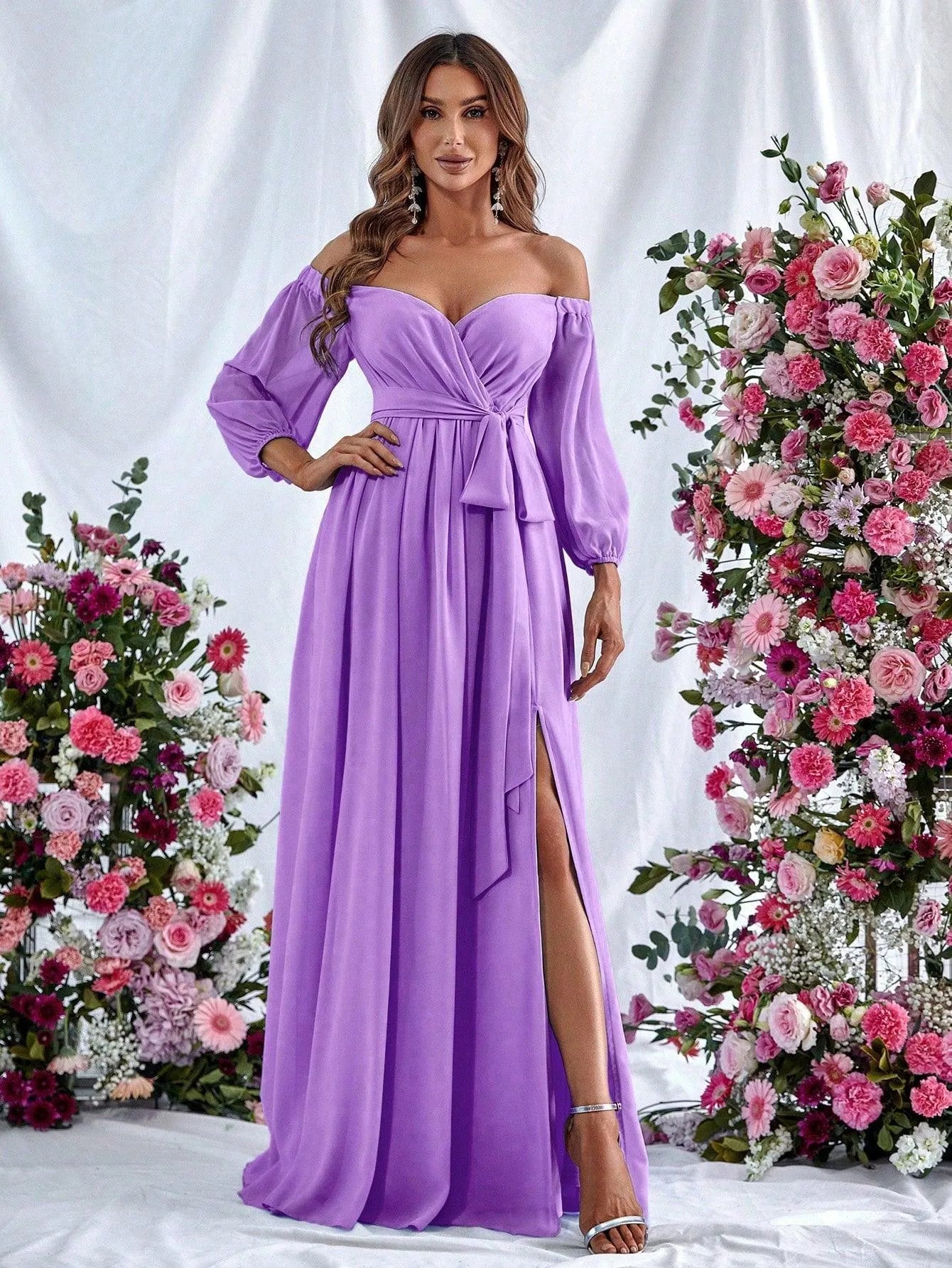 Off Shoulder Split Thigh Belted Chiffon A Line Dress - Elonnashop