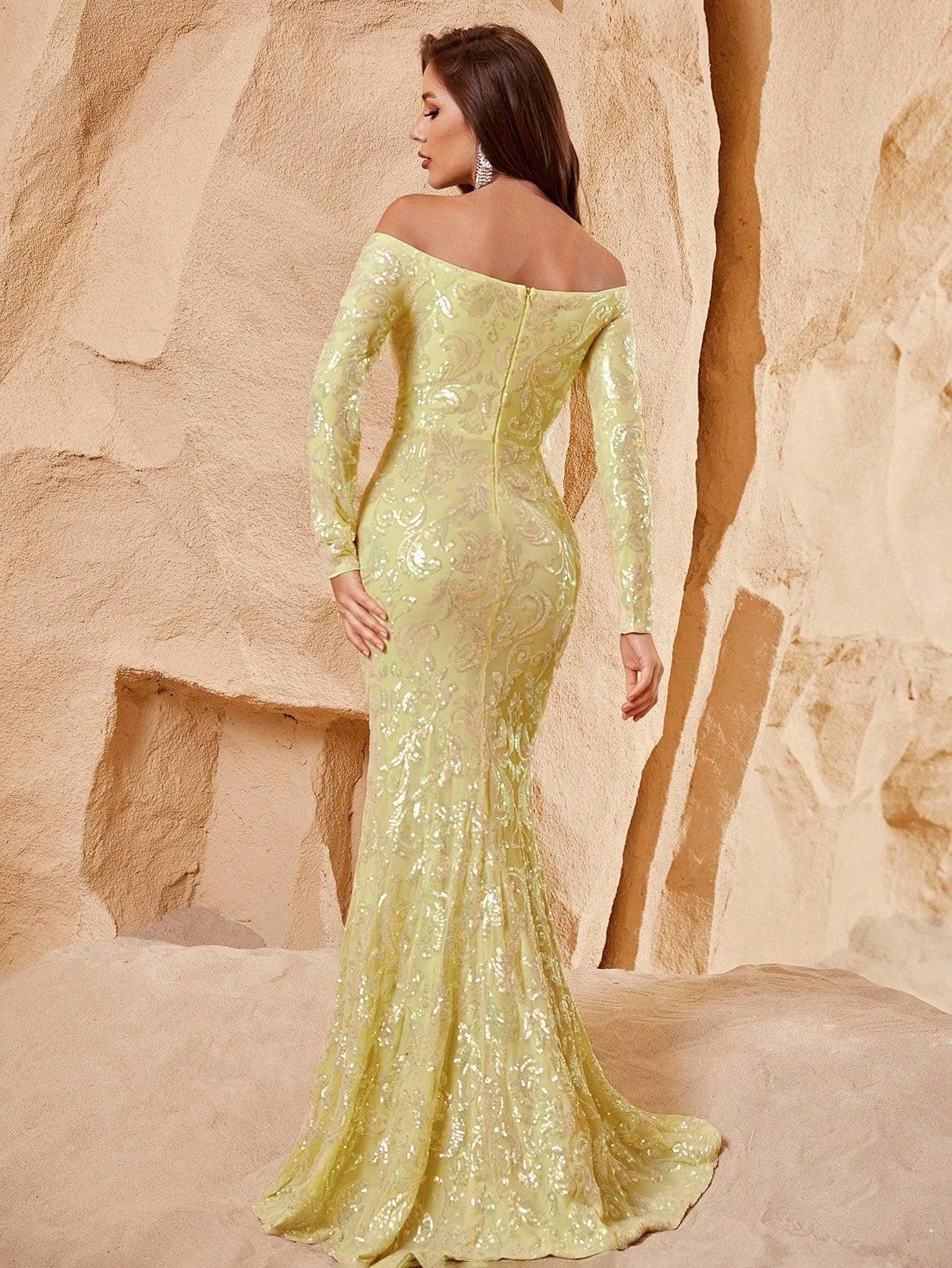 Off Shoulder Long Sleeve Mermaid Prom Dresses - Elonnashop