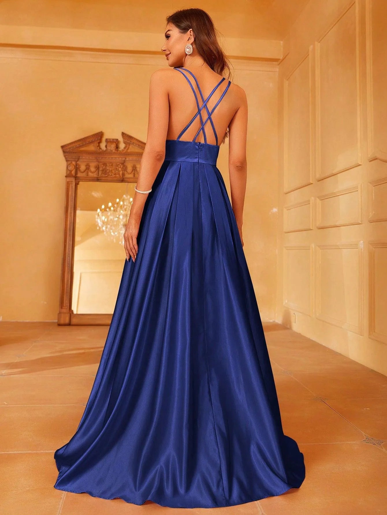 Plunging Neck Floor Length Satin Cami Party Dress - Elonnashop