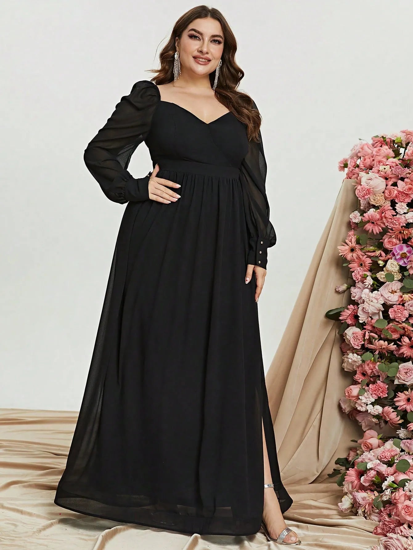 Plus-Size-Schatzkleid in A-Linie, rückenfrei, langärmelig, Chiffon 