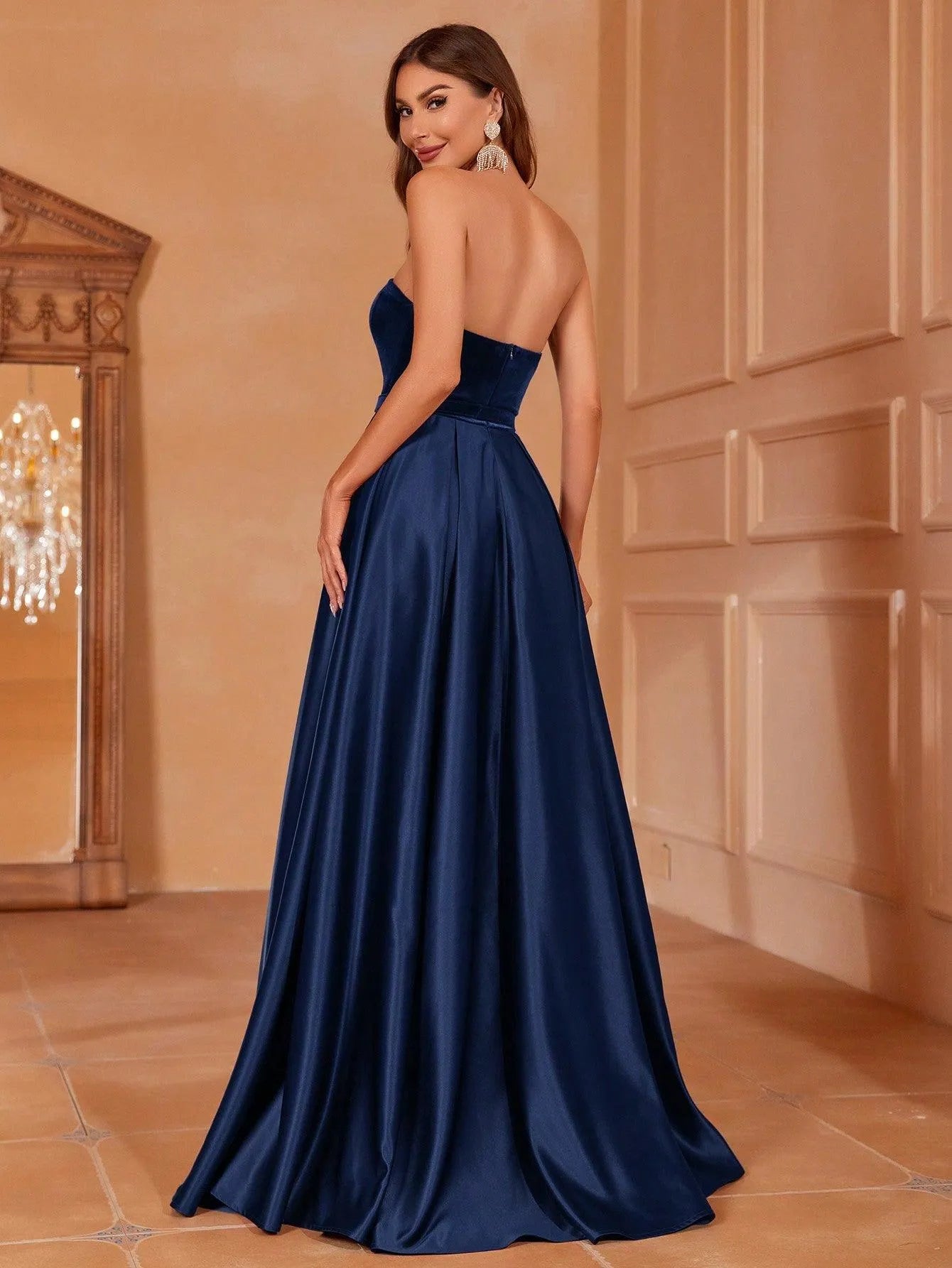 Velvet Bodice Contrast Satin Hem Tube Prom Dress - Elonnashop