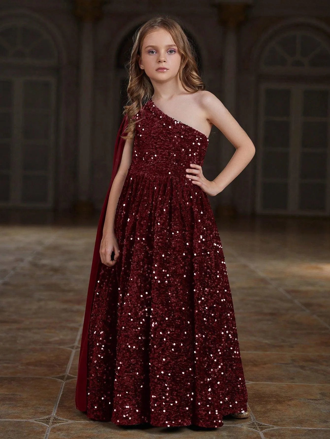 Tween Girls' One Shoulder Draped Side Sequin A Line Dress - Elonnashop