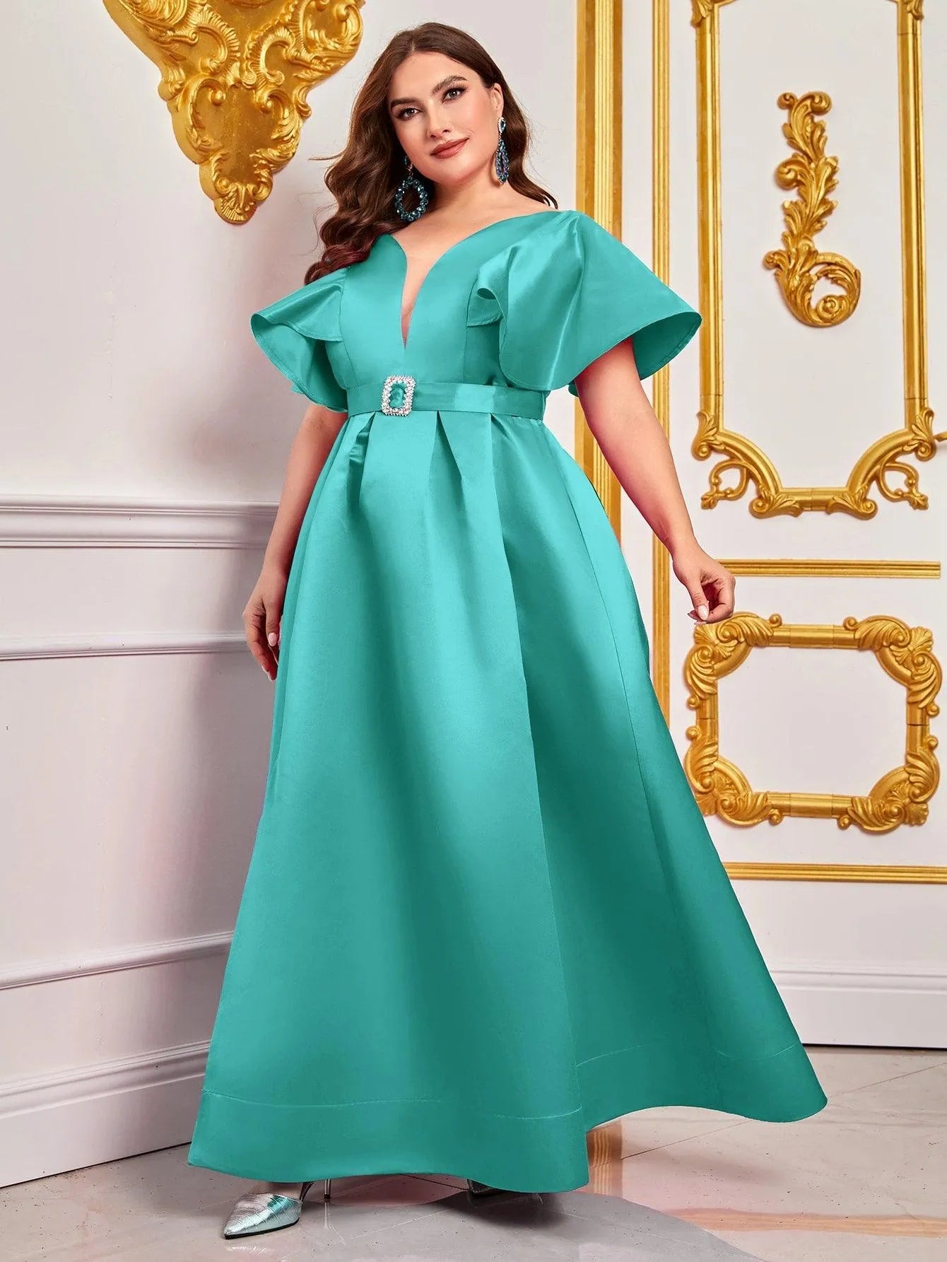 Plus Rhinestone Detail Ruffle Sleeve Satin Belted DressCinthya - Elonnashop