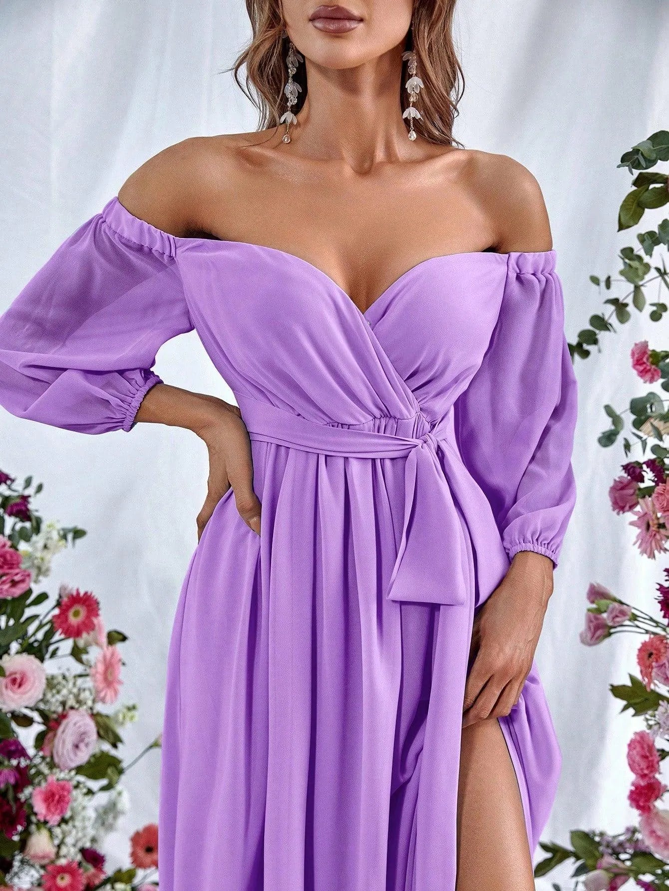 Off Shoulder Split Thigh Belted Chiffon A Line Dress - Elonnashop