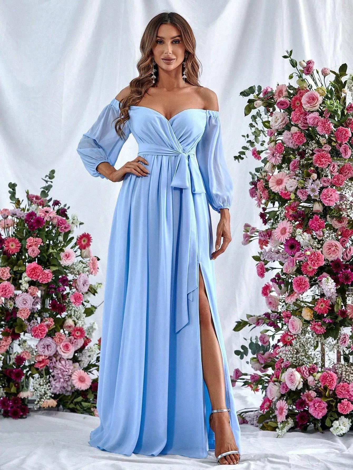 Off Shoulder Split Thigh Belted Chiffon A Line Dress - Elonnashop