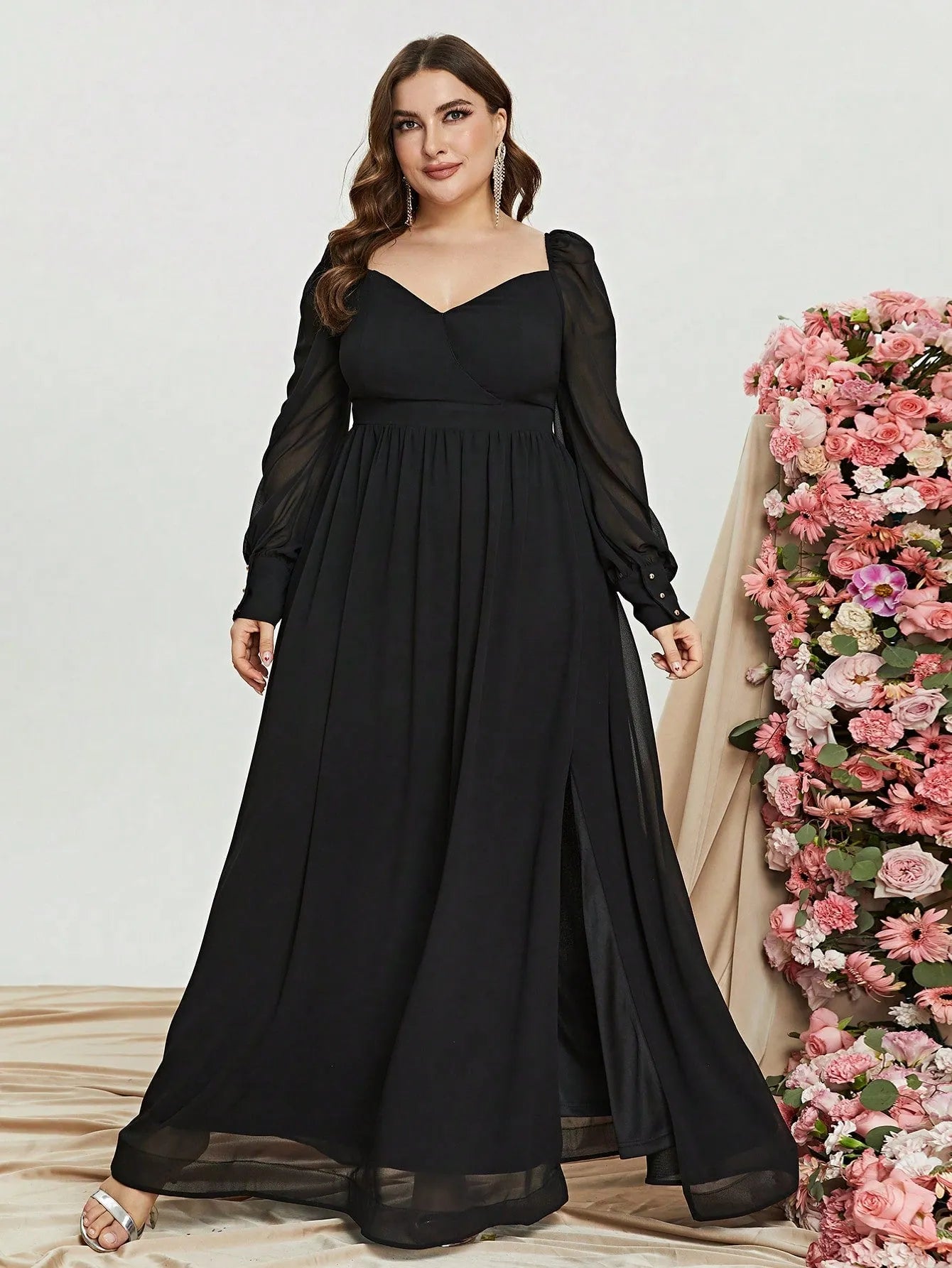 Plus-Size-Schatzkleid in A-Linie, rückenfrei, langärmelig, Chiffon 