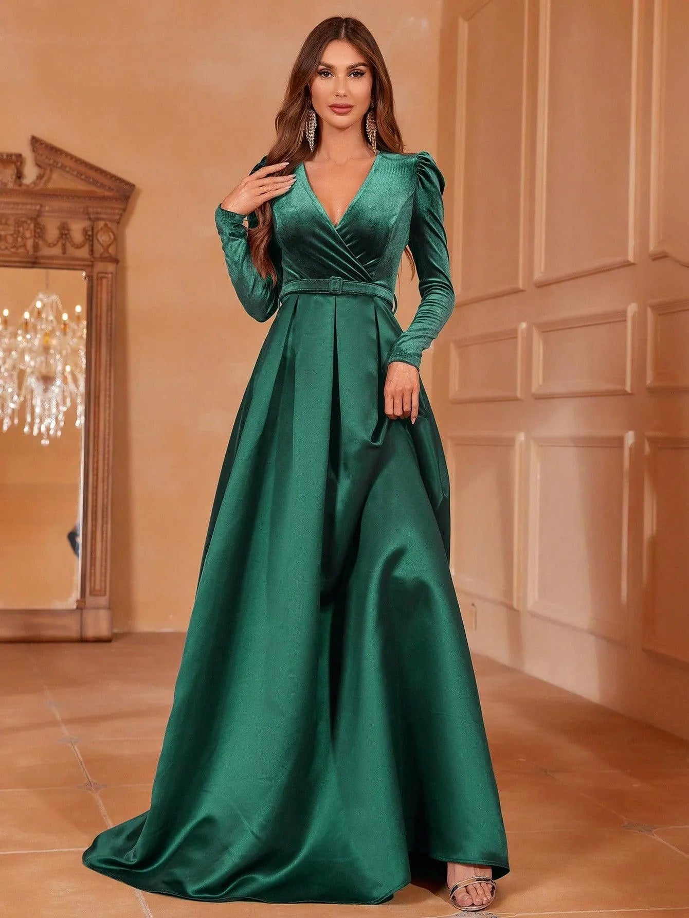 Surplice Neck Long Sleeves Belted Satin A Line Dress - Elonnashop