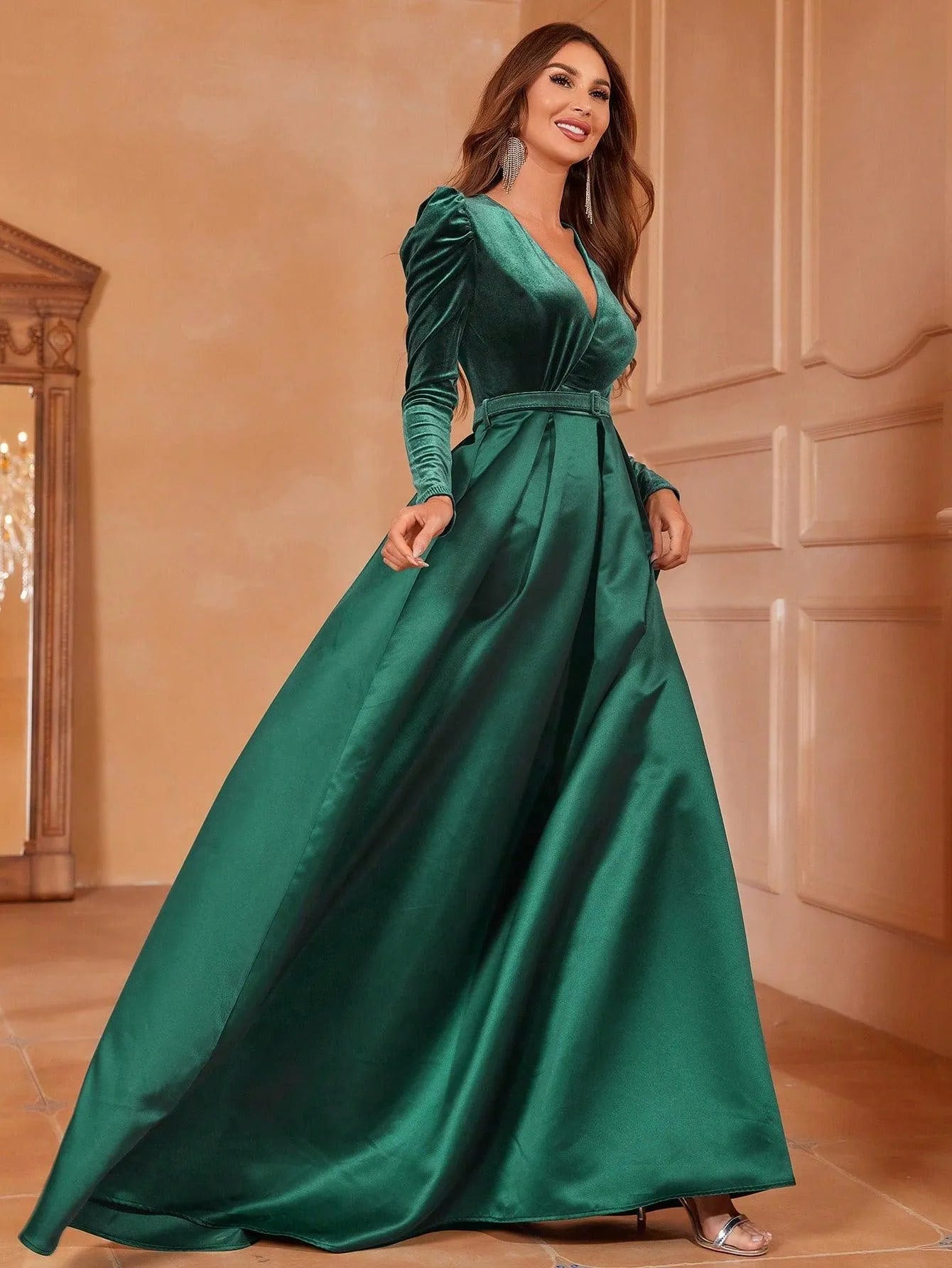 Surplice Neck Long Sleeves Belted Satin A Line Dress - Elonnashop