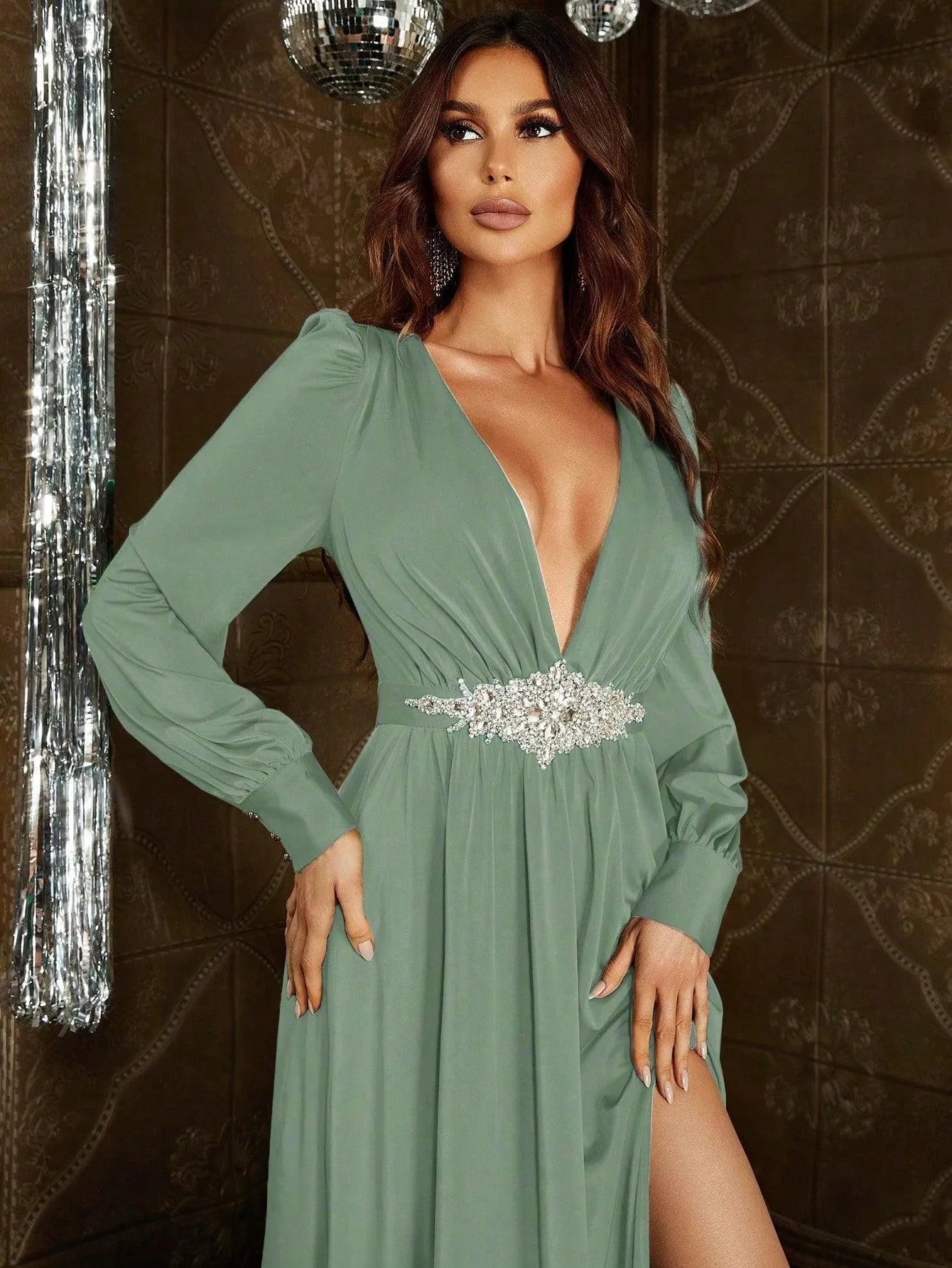 Elegant Plunging Neck Long Sleeves Slit Dresses - Elonnashop