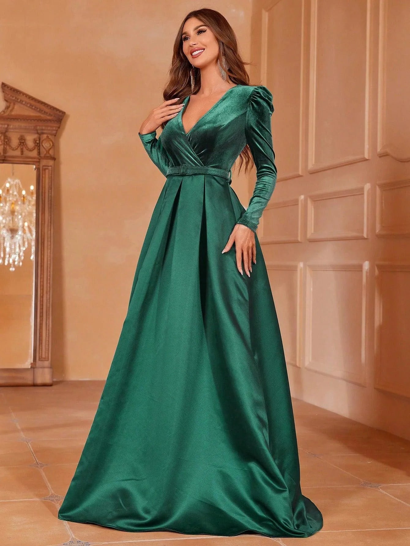 Surplice Neck Long Sleeves Belted Satin A Line Dress - Elonnashop