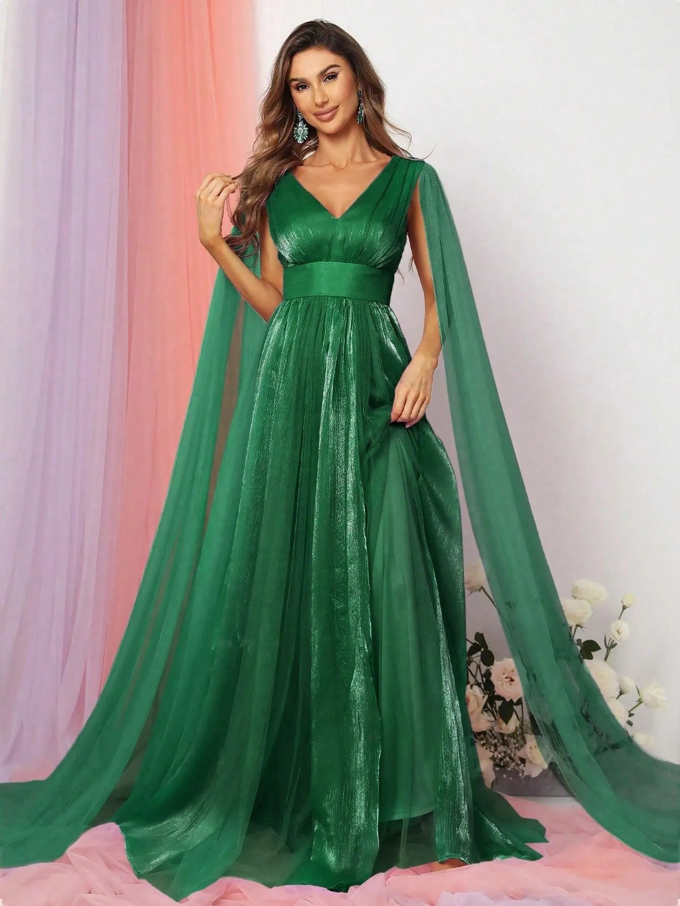 Plunging Neck A Line Bridesmaid dress With Cape - Elonnashop