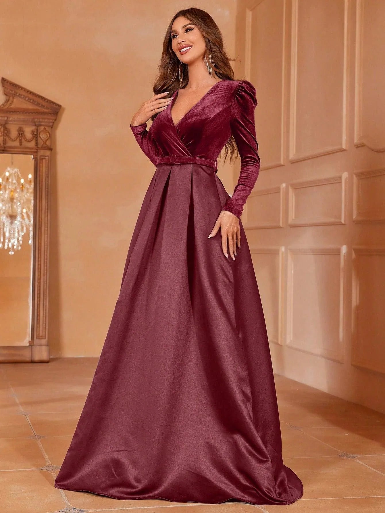 Surplice Neck Long Sleeves Belted Satin A Line Dress - Elonnashop