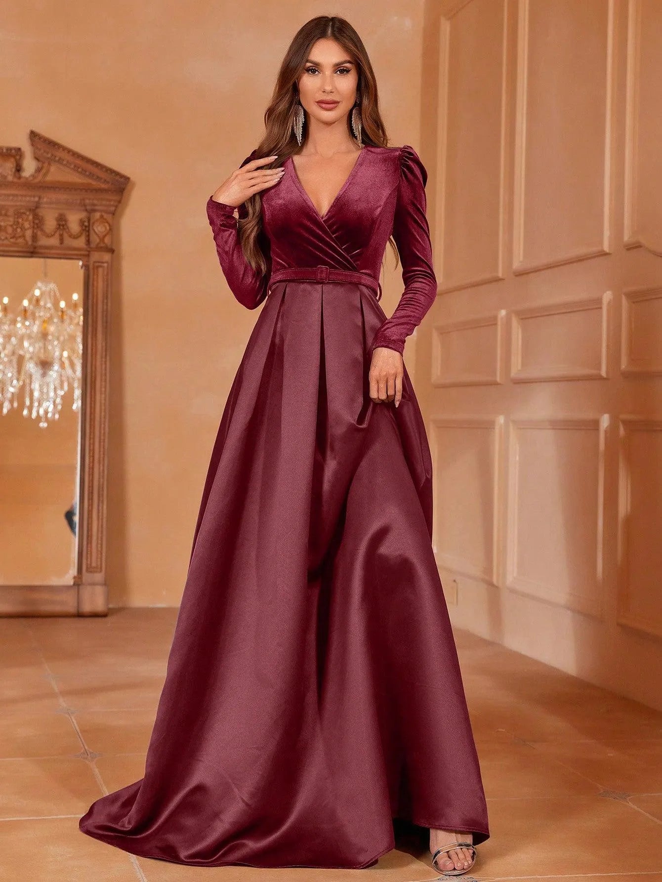 Surplice Neck Long Sleeves Belted Satin A Line Dress - Elonnashop