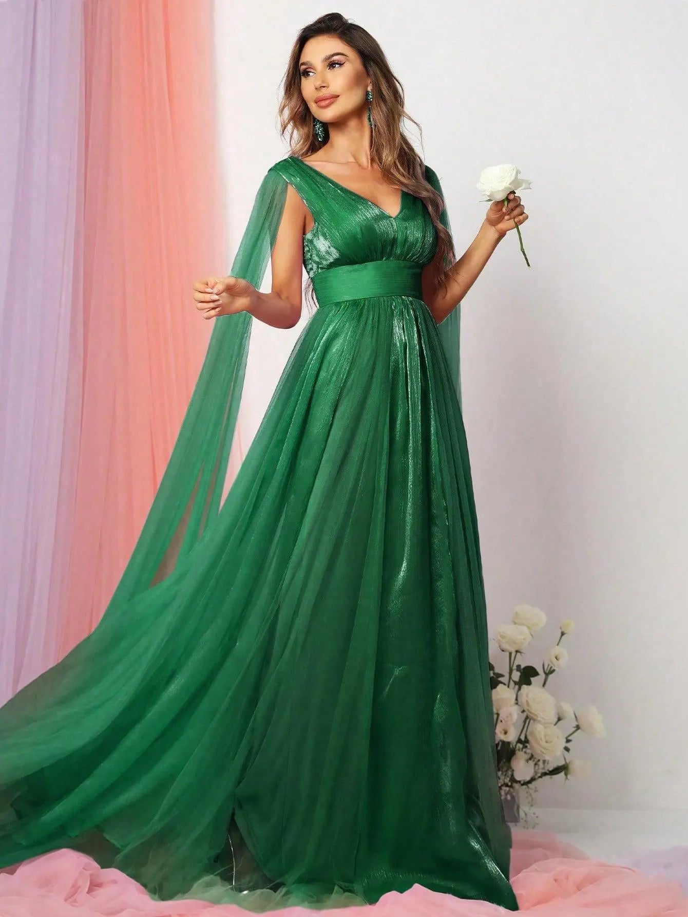 Plunging Neck A Line Bridesmaid dress With Cape - Elonnashop