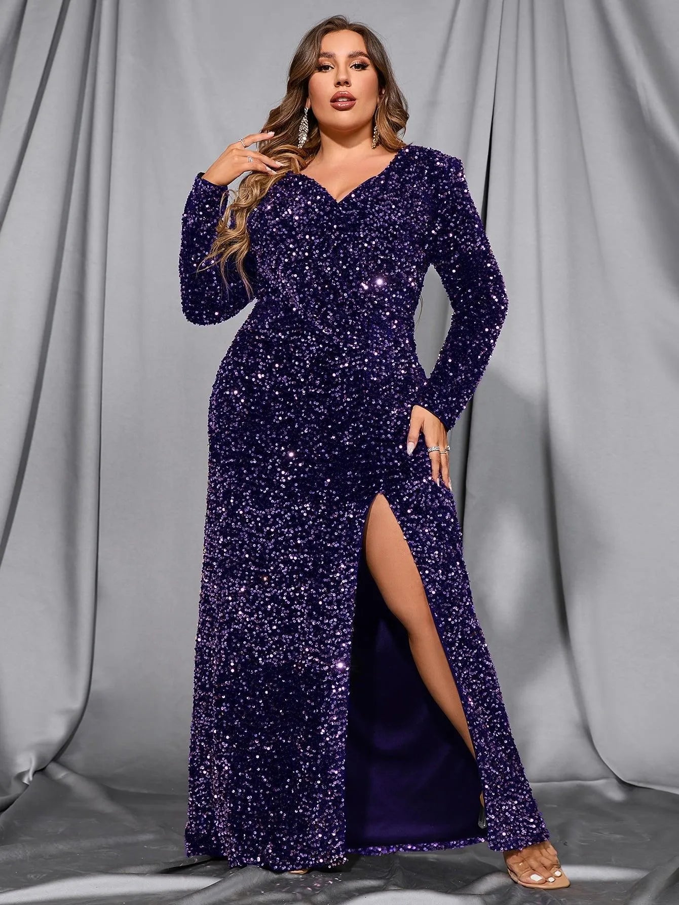 Plus Surplice Neck Split Thigh Sequin Party Dress - Elonnashop