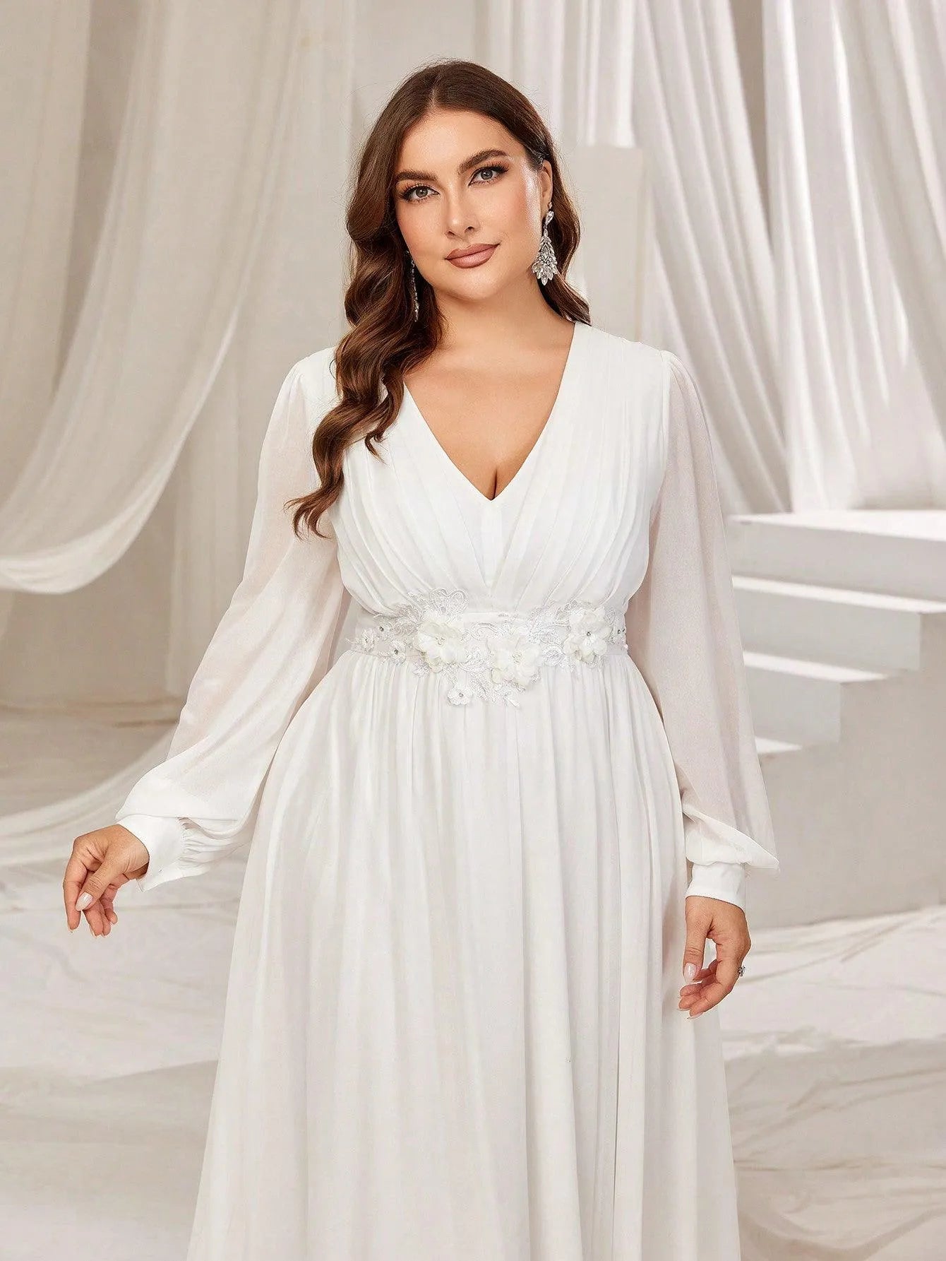 Plus Floral Applique Lantern Sleeves Chiffon Formal Dress - Elonnashop