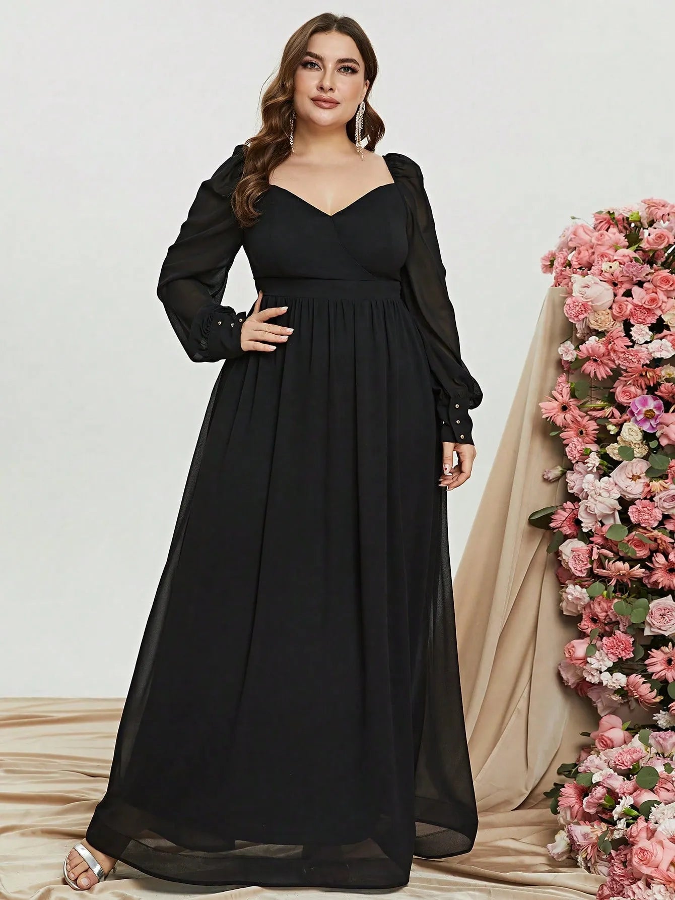 Plus-Size-Schatzkleid in A-Linie, rückenfrei, langärmelig, Chiffon 