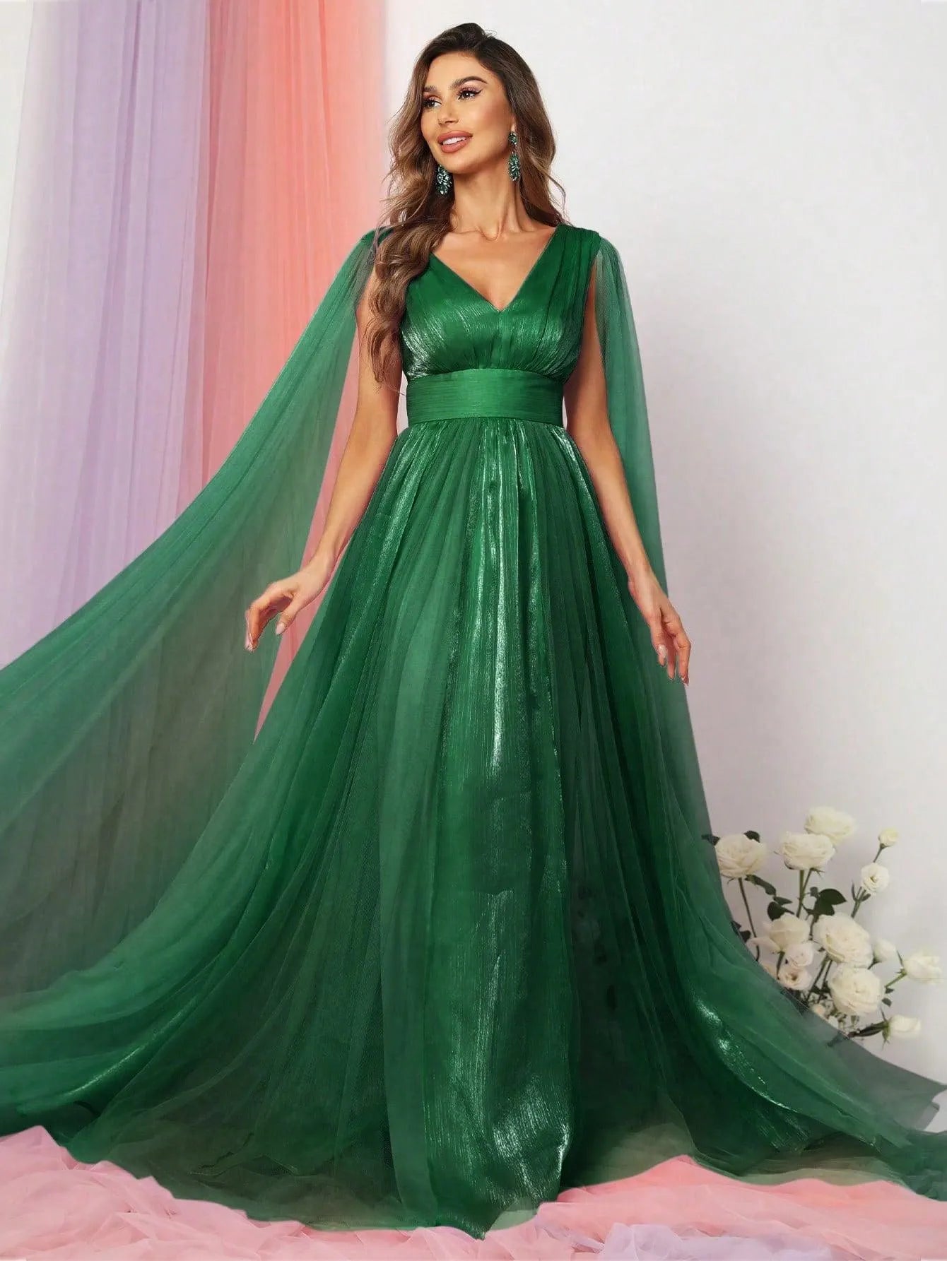 Plunging Neck A Line Bridesmaid dress With Cape - Elonnashop