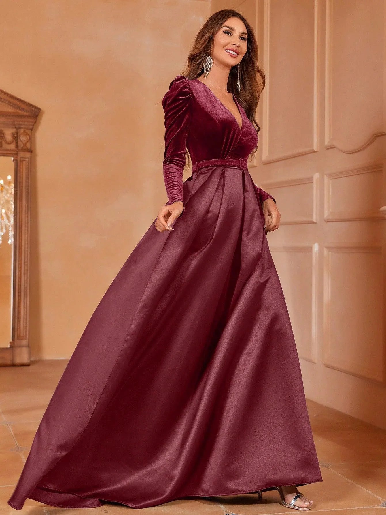 Surplice Neck Long Sleeves Belted Satin A Line Dress - Elonnashop