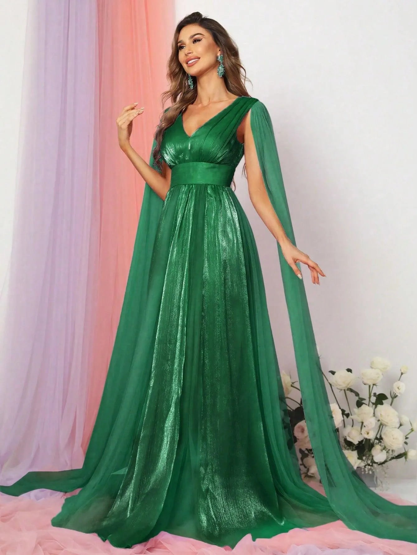 Plunging Neck A Line Bridesmaid dress With Cape - Elonnashop