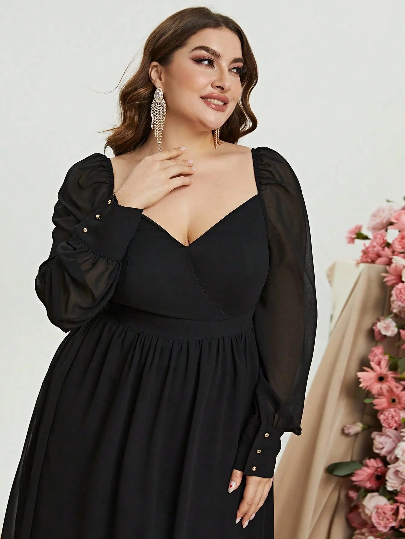 Plus-Size-Schatzkleid in A-Linie, rückenfrei, langärmelig, Chiffon 