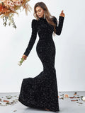 Mock Neck Gigot Sleeves Sequin Mermaid Dresses - Elonnashop