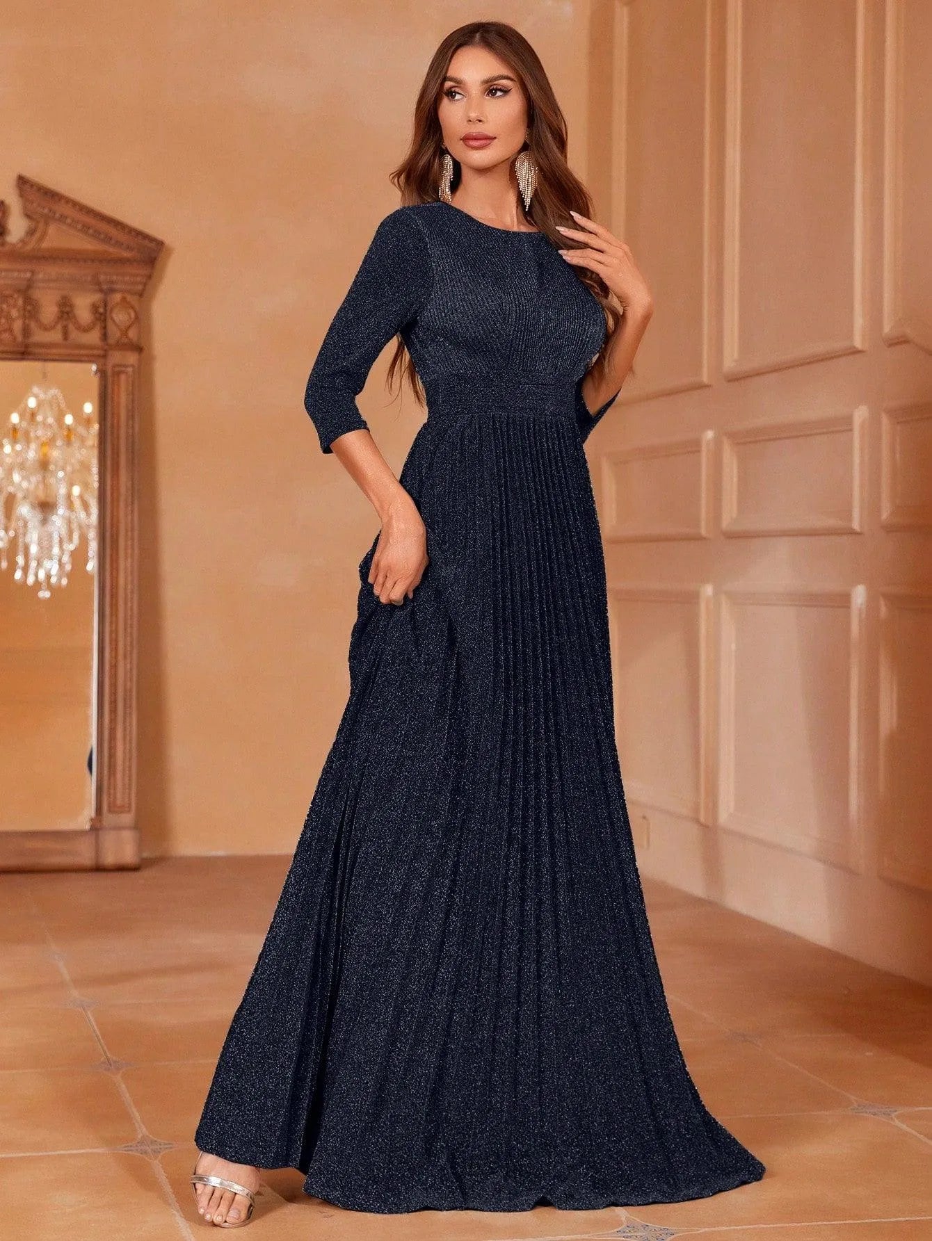 Glitter 3/4 Sleeves Pleated A Line Dress - Elonnashop