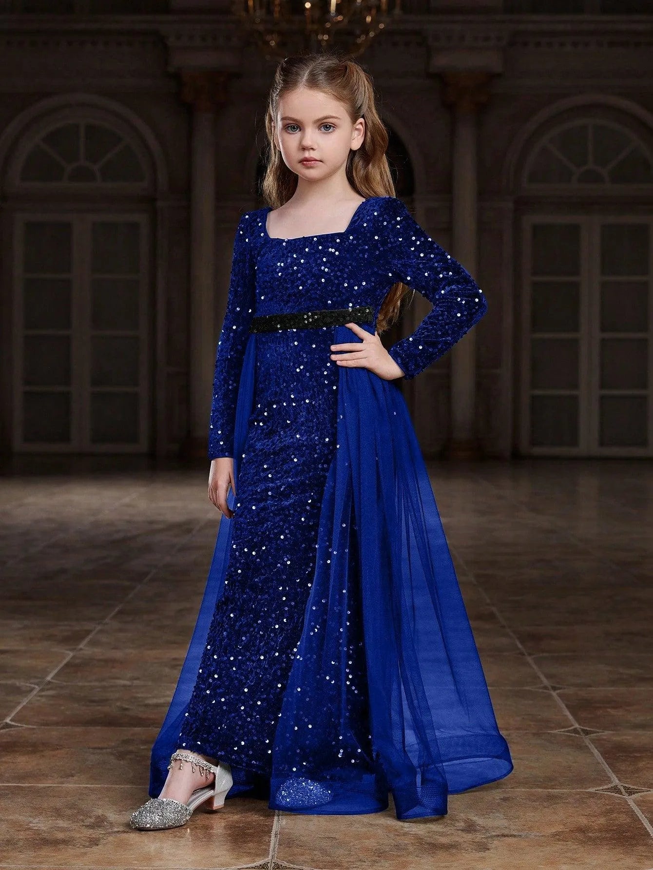 Tween Girls' Square Collar Long Sleeves Sequin Mermaid Dress - Elonnashop