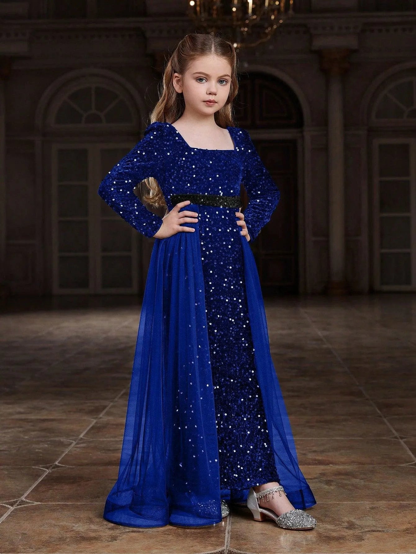 Tween Girls' Square Collar Long Sleeves Sequin Mermaid Dress - Elonnashop