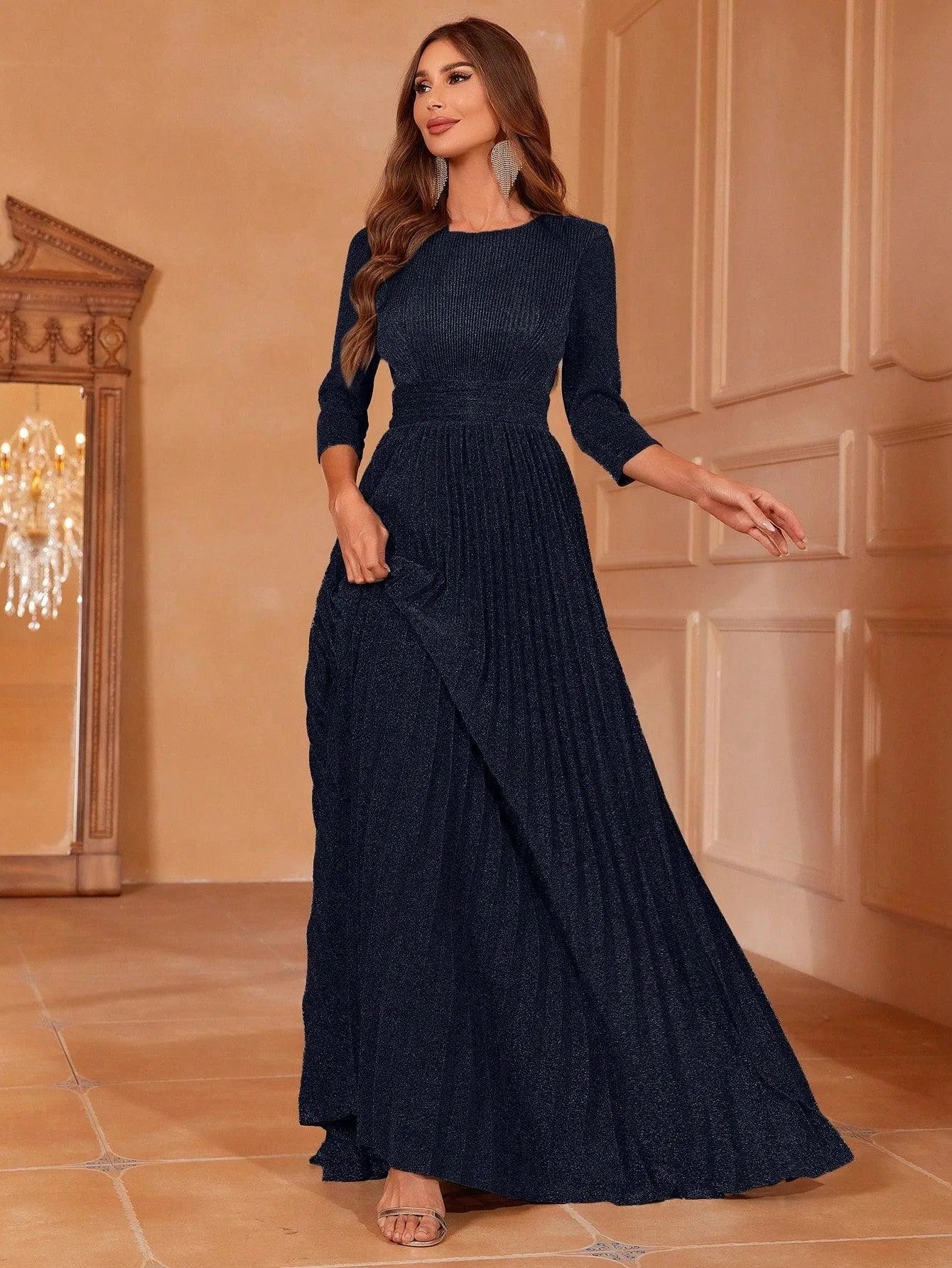 Glitter 3/4 Sleeves Pleated A Line Dress - Elonnashop