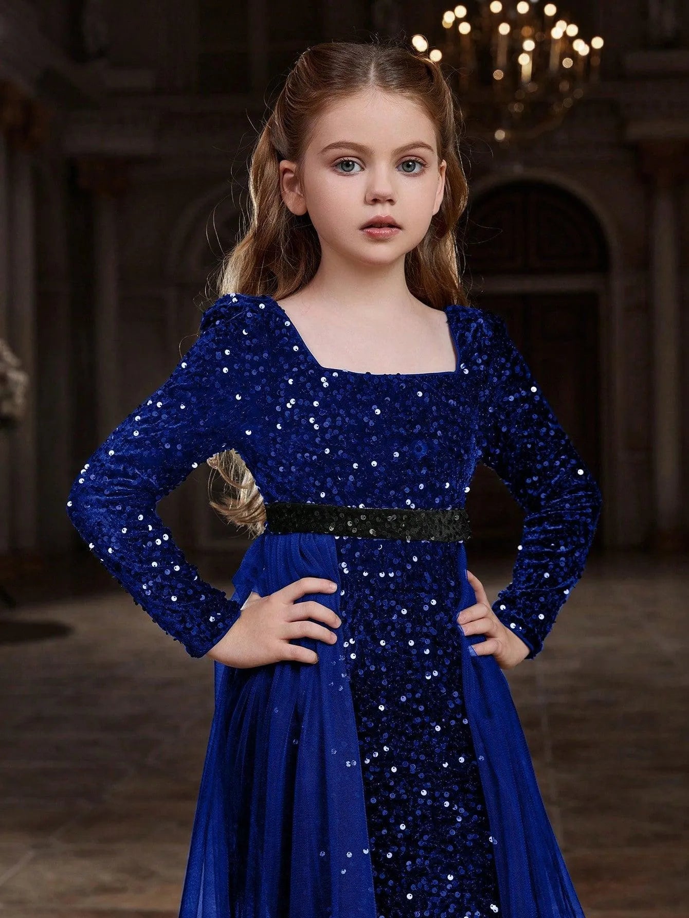 Tween Girls' Square Collar Long Sleeves Sequin Mermaid Dress - Elonnashop