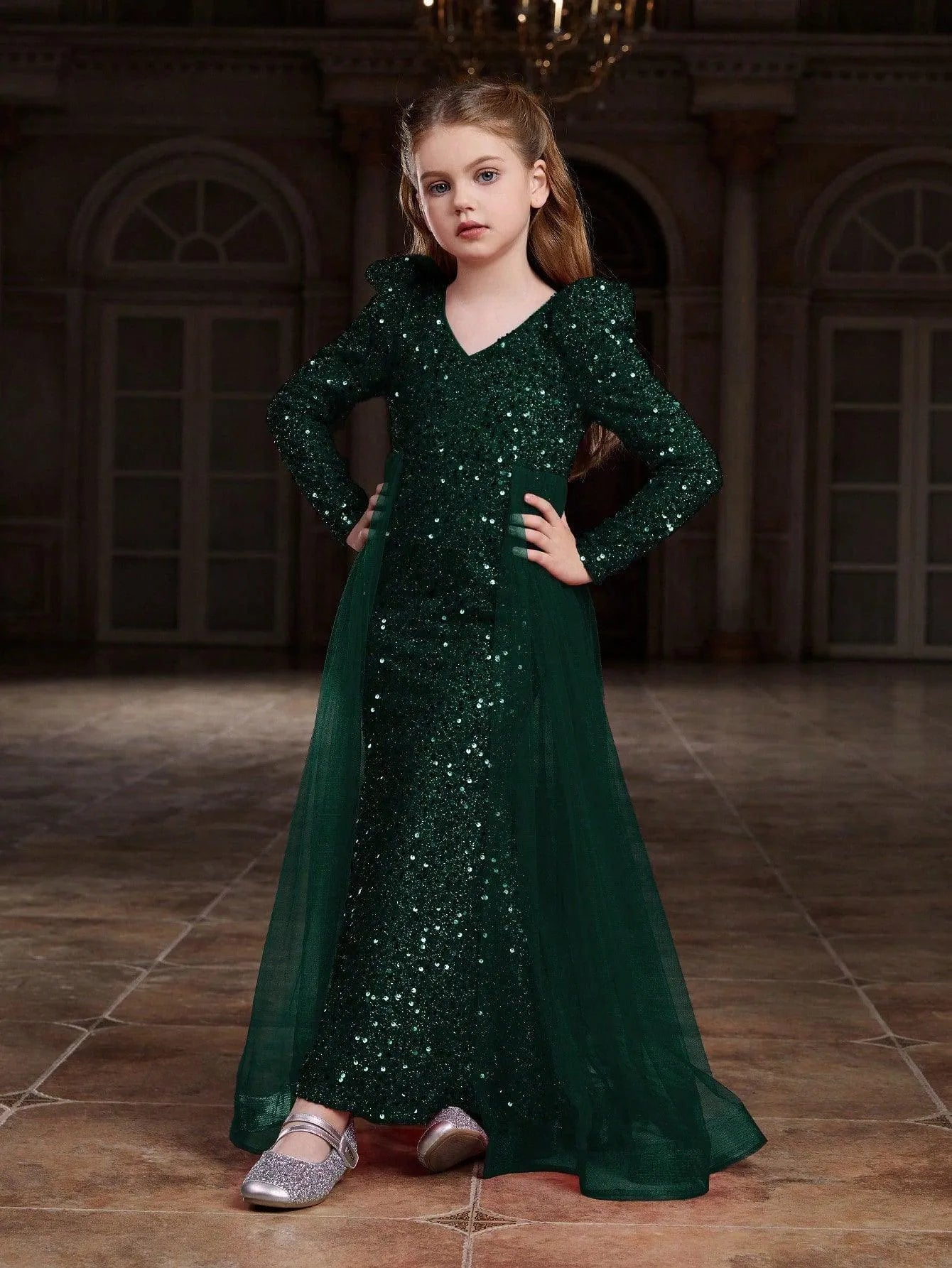 Tween Girls' Long Sleeves Mesh Overlay Sequin Mermaid Dress - Elonnashop