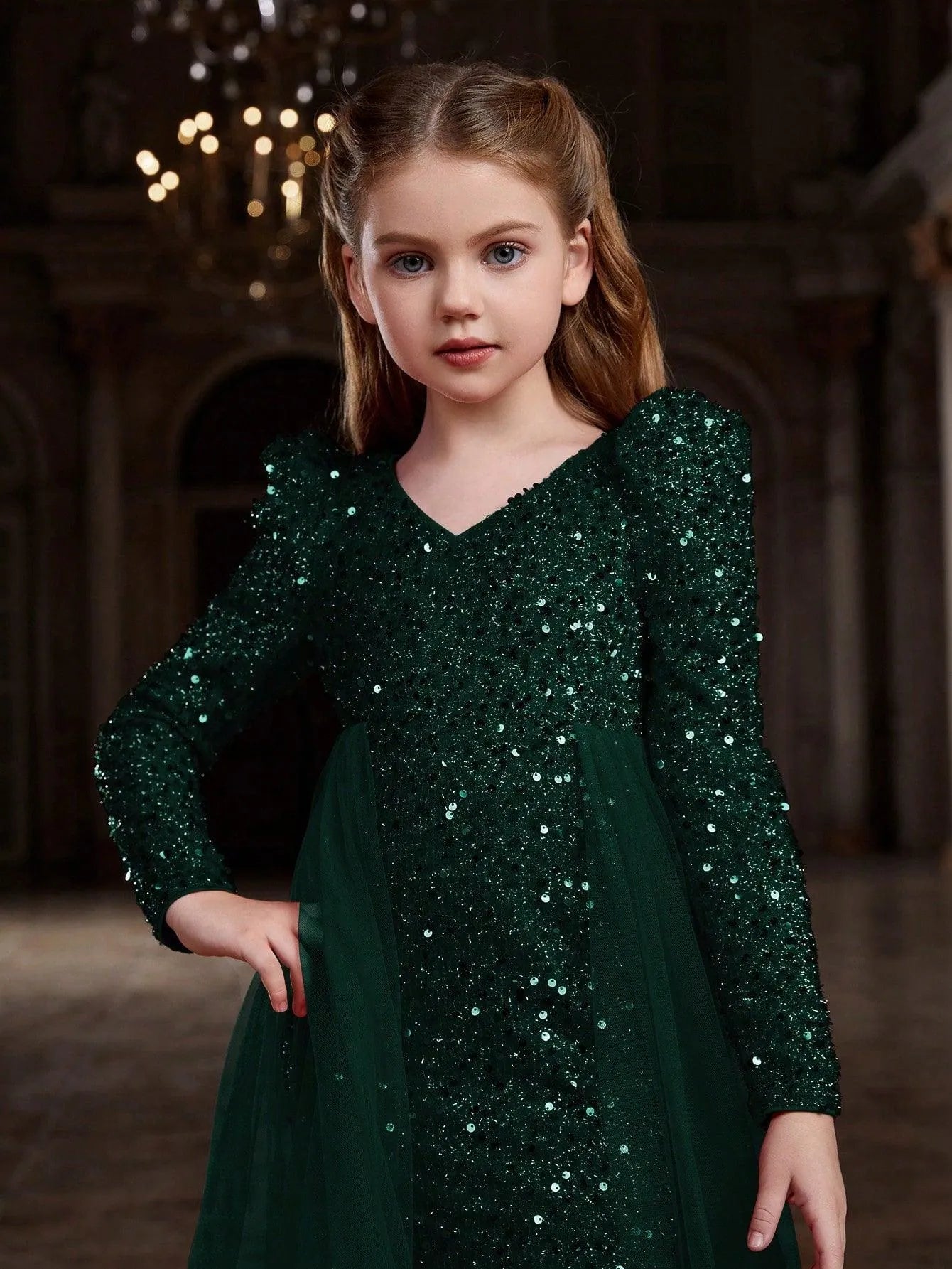 Tween Girls' Long Sleeves Mesh Overlay Sequin Mermaid Dress - Elonnashop