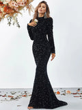 Mock Neck Gigot Sleeves Sequin Mermaid Dresses - Elonnashop