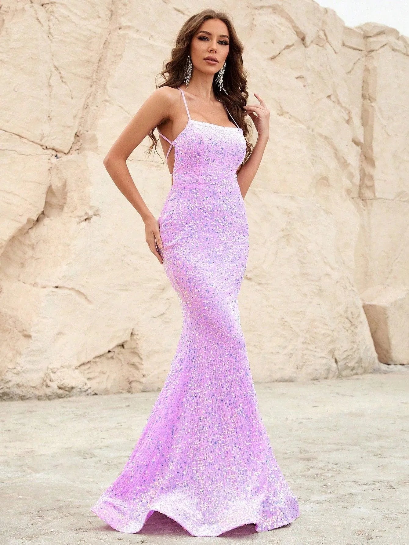 Spaghetti Strap Lace Up Back Sequin Mermaid Dress - Elonnashop