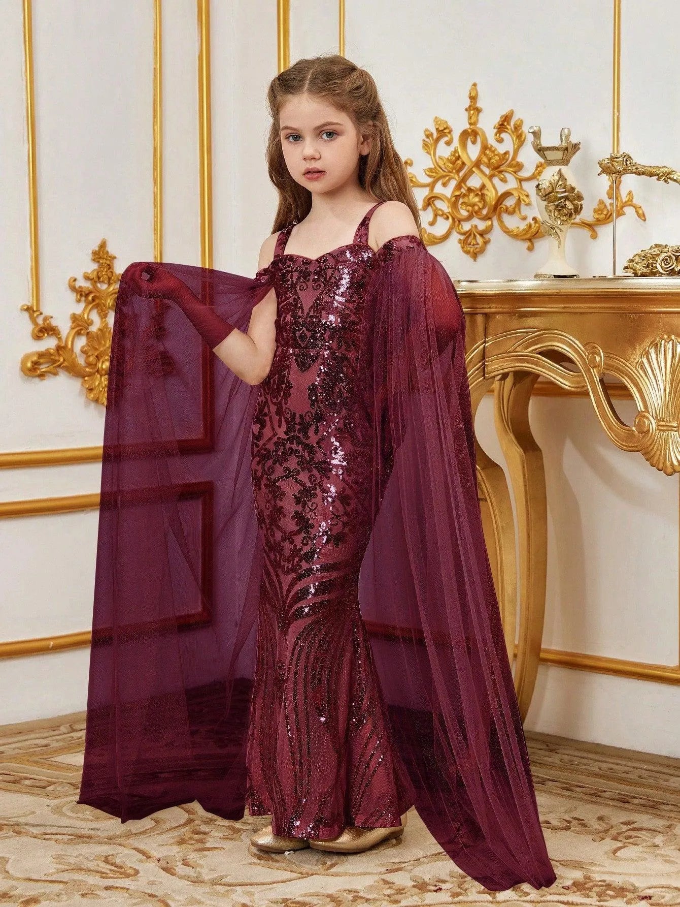 Tween Girls' Off Shoulder Cloak Sleeves Graphic Sequin Mermaid Dress - Elonnashop