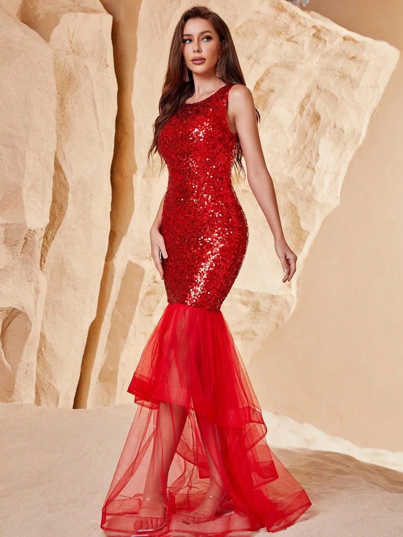 Elegant Round Neck Sleeveless Sequin Prom Dresses - Elonnashop