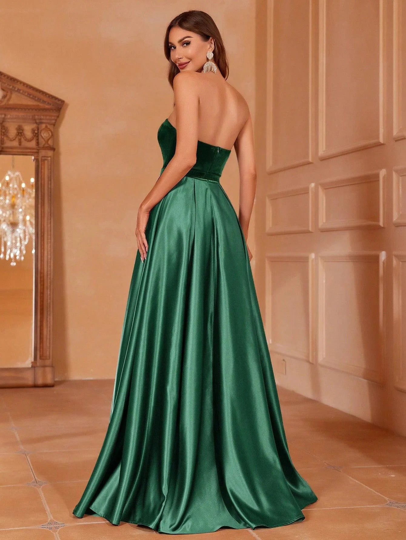 Velvet Bodice Contrast Satin Hem Tube Prom Dress - Elonnashop