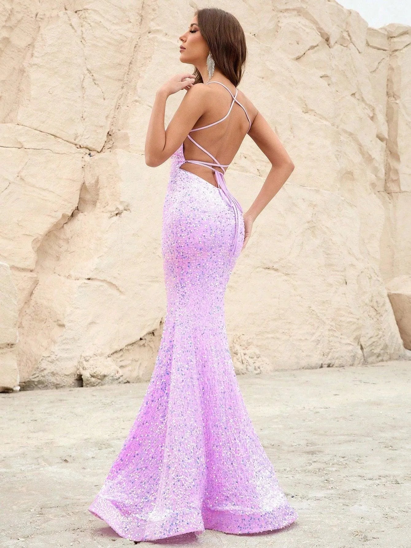 Spaghetti Strap Lace Up Back Sequin Mermaid Dress - Elonnashop