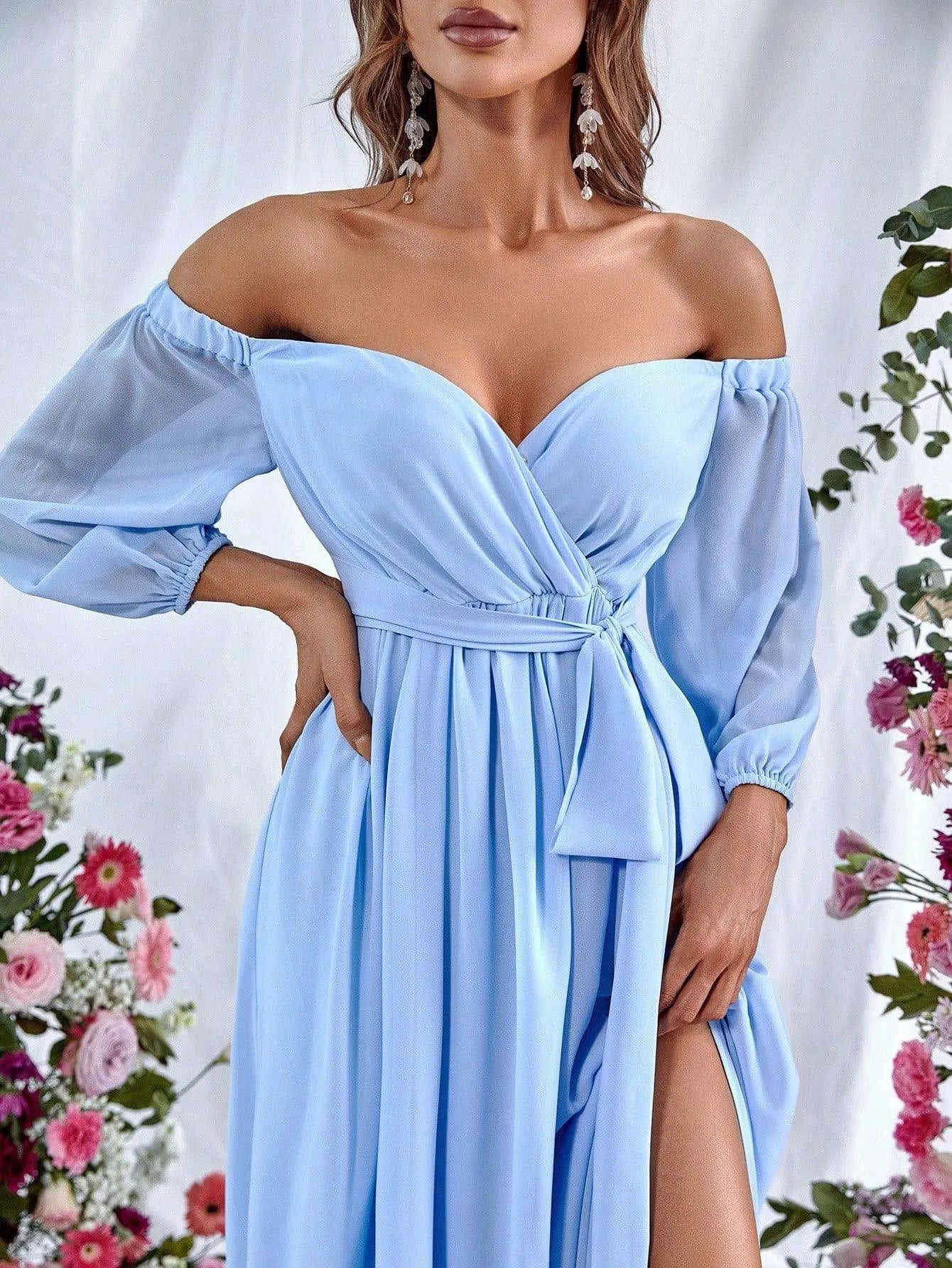 Off Shoulder Split Thigh Belted Chiffon A Line Dress - Elonnashop