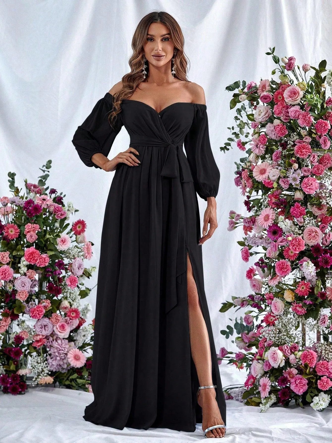 Off Shoulder Split Thigh Belted Chiffon A Line Dress - Elonnashop