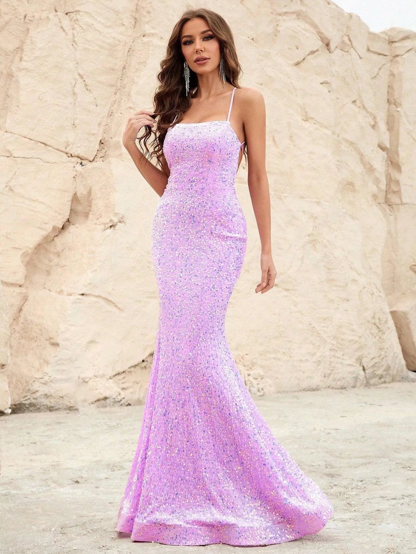 Spaghetti Strap Lace Up Back Sequin Mermaid Dress - Elonnashop