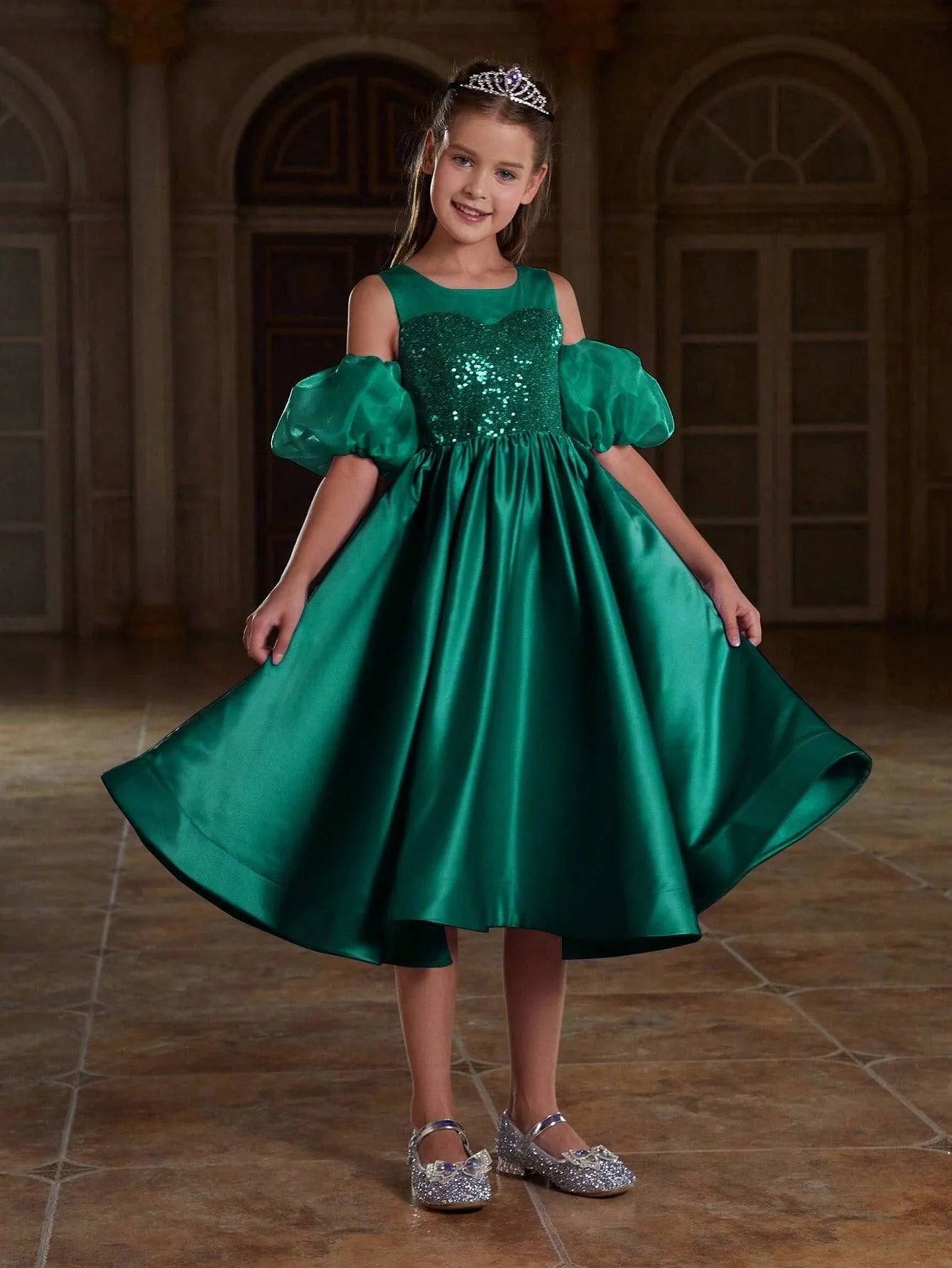 Tween Girls' Puff Sleeve Sequin Contrast Satin Dress - Elonnashop