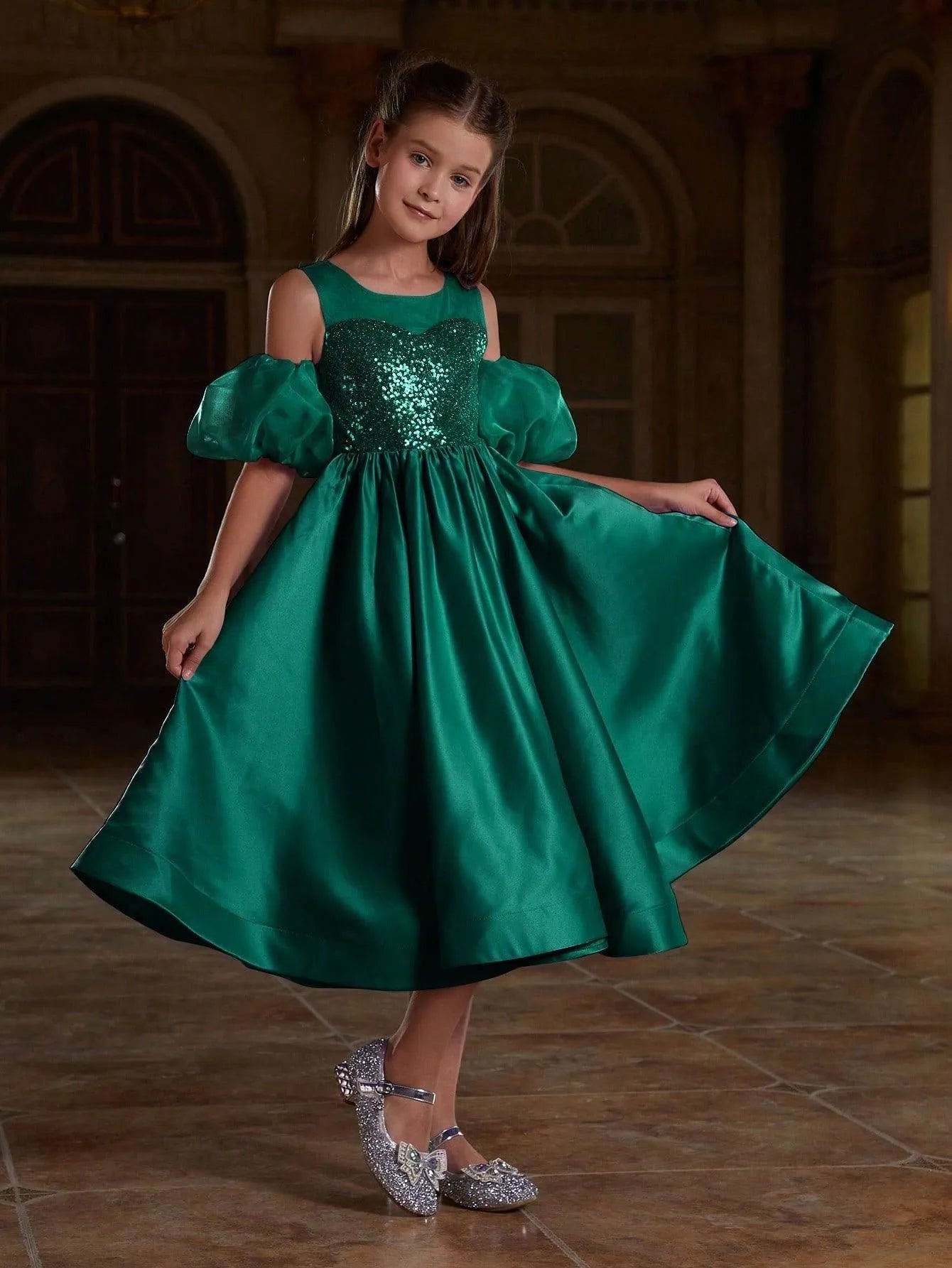 Tween Girls' Puff Sleeve Sequin Contrast Satin Dress - Elonnashop