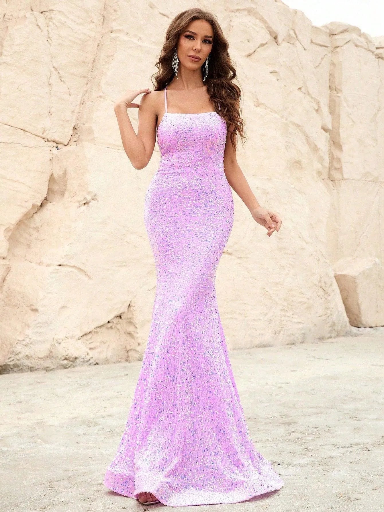 Spaghetti Strap Lace Up Back Sequin Mermaid Dress - Elonnashop