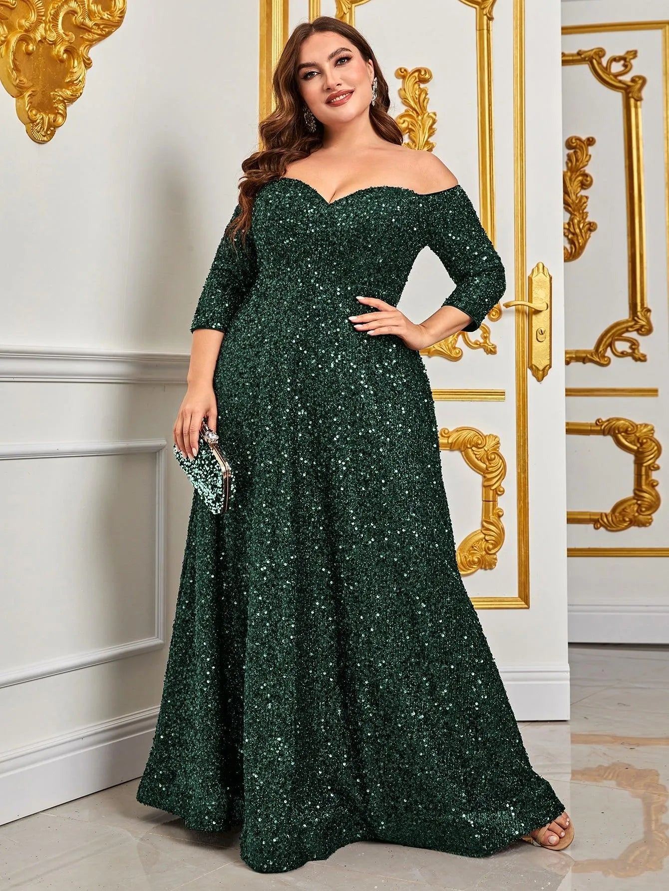 Plus Off Shoulder 3/4 Sleeves Sequin A Line Dress - Elonnashop