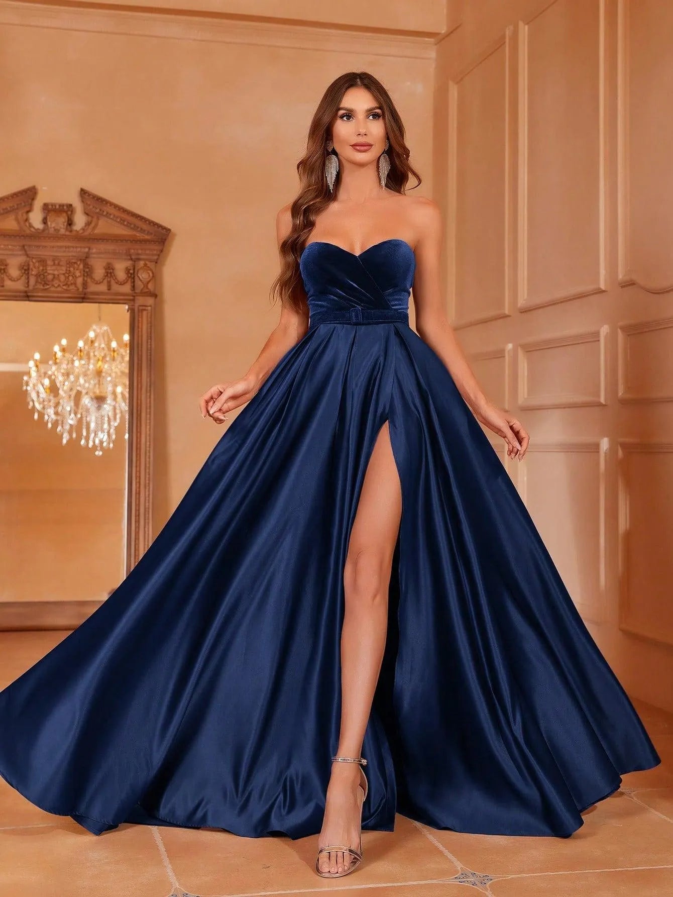 Velvet Bodice Contrast Satin Hem Tube Prom Dress - Elonnashop